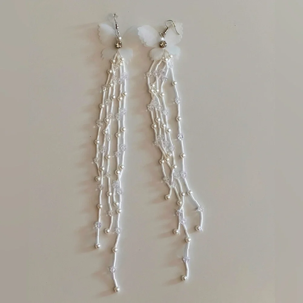 Butterfly Statement Earrings with Long Strands of Pearls